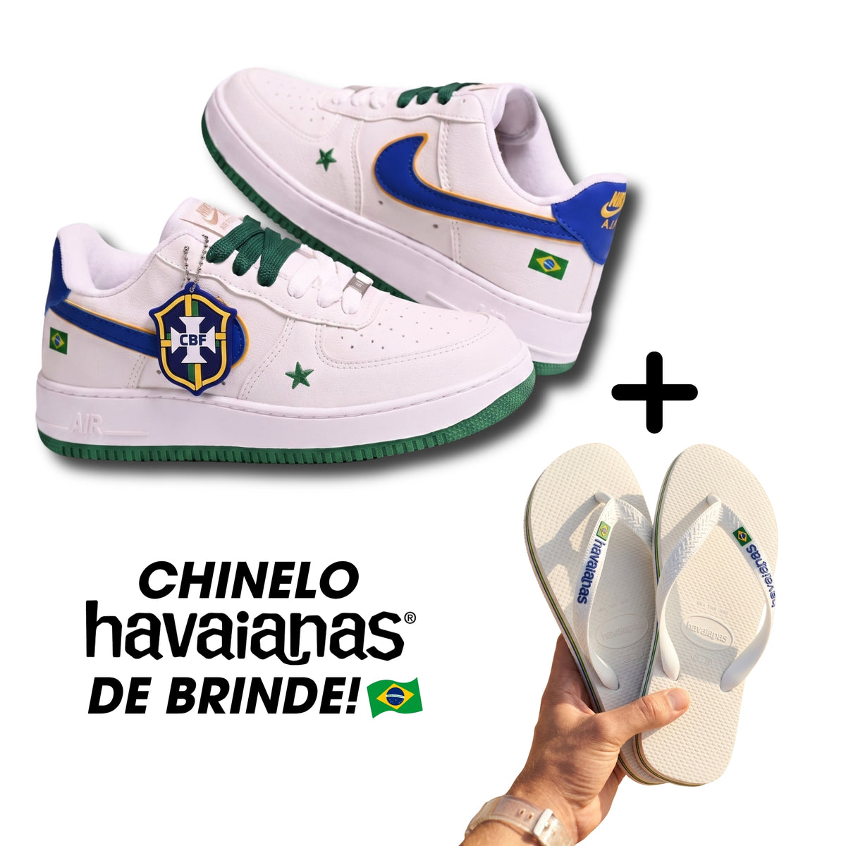 (PROMOÇÃO IMPERDÍVEL!🔥) Nike Air Force 1 Low - Edição Especial Seleção Brasileira + Havaianas Brasil